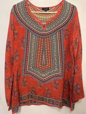 Tolani 100% Silk Tunic Top Medium Orange Boho Floral Long Sleeve India